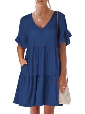 Anrabess Women's Royal Blue Neck Ruffle Sleeve A Line Tiered Mini Flowy Dress